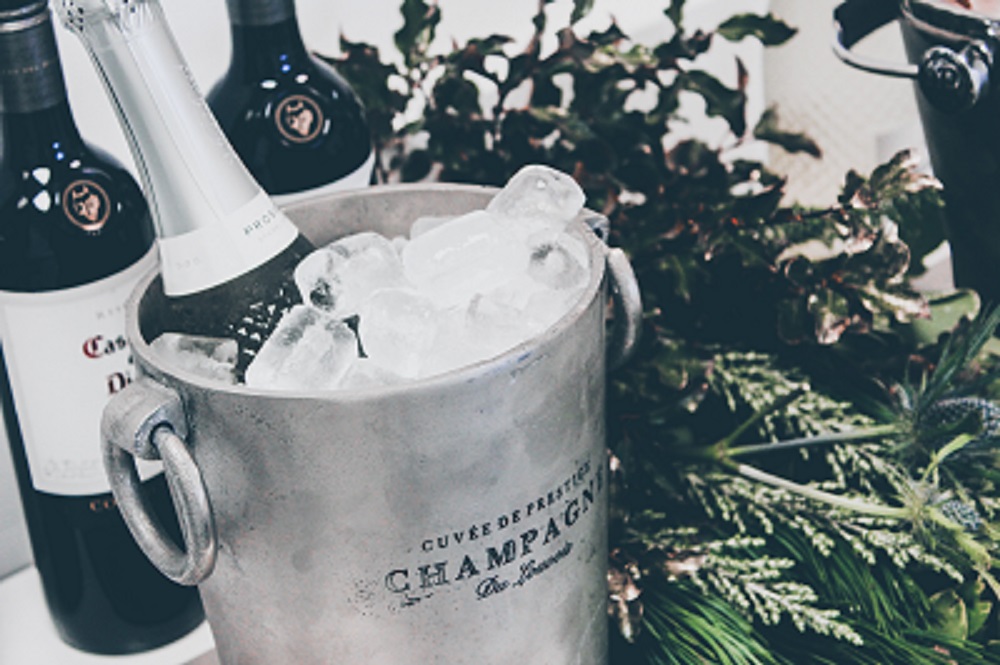 champagne bottle in ice bucket with bottles and foliage in the background