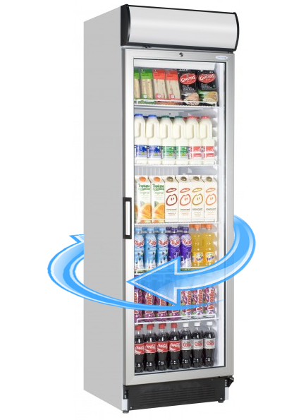 Arrows showing airflow around display fridge