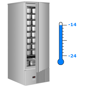 Ice cream storage freezer with themometer showing temperature range