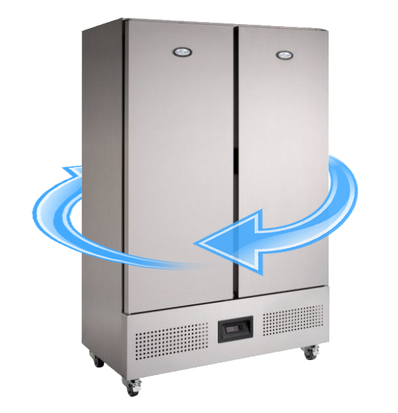 Aroows showing airflow around a double door storage fridge