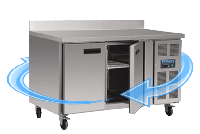prep counter with door open and blue arrow around outside showing airflow