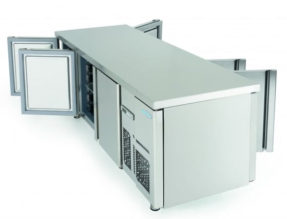 prep counter from end view showing doors open on both front and back