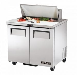 2 door saladette counter with ingredients in countertop gastronorms
