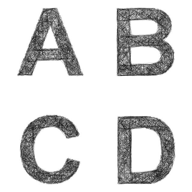 Letters A, B, C, D drawn in black