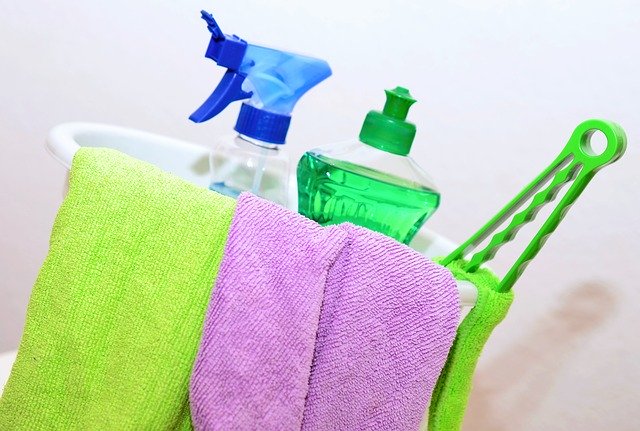 Cleaning cloths, spray bottle and other cleaning tools