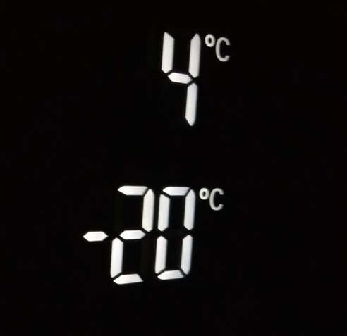 Digital display showing 4 degrees and negative 20 degrees
