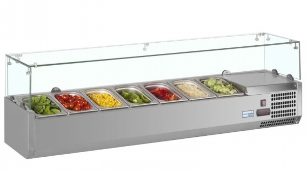 Countertop unit with glass guard and gastronorm pans with ingredients