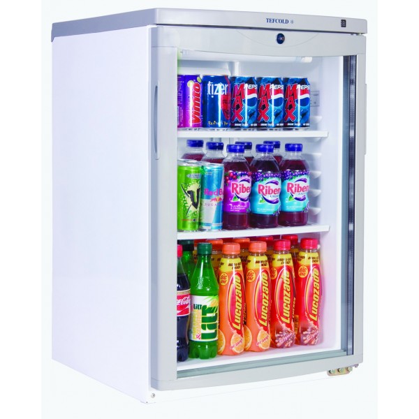 Countertop display fridge stocked with drinks