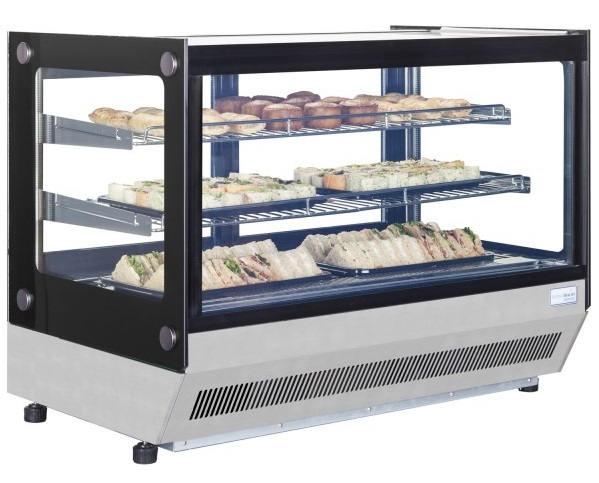 Glass countertop cabinet with shelves of food