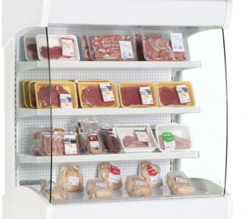 Meat on shelves in an open front display fridge