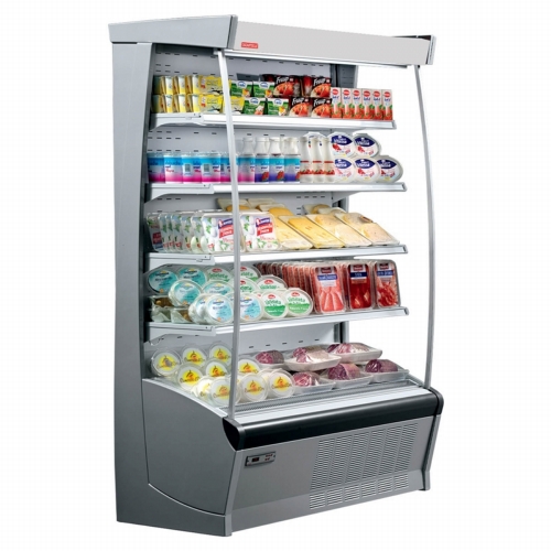 Tiered display fridge with stocked shelves