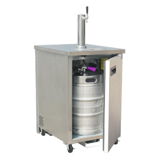 stainless steel keg cooler and dispensing tap with open door showing keg