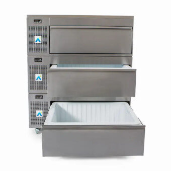 three refrigerated drawer unit with blast chiller, bottom drawer open