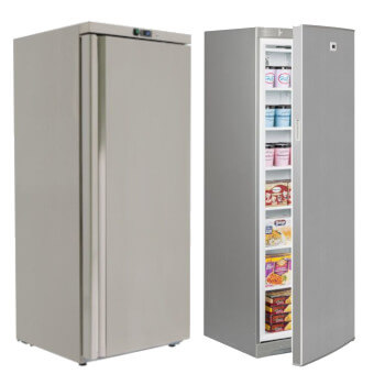 two upright catering storage freezers with solid doors, one with open door showing contents