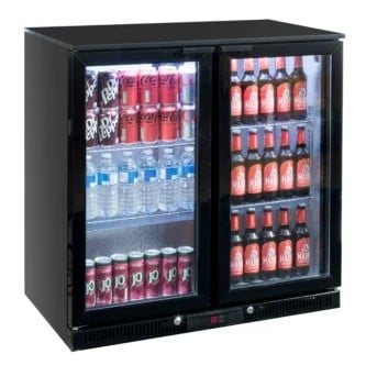 double glass door bottle cooler with bottles and cans inside