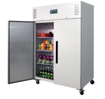double door stainless steel catering fridge with door open showing ingredients inside