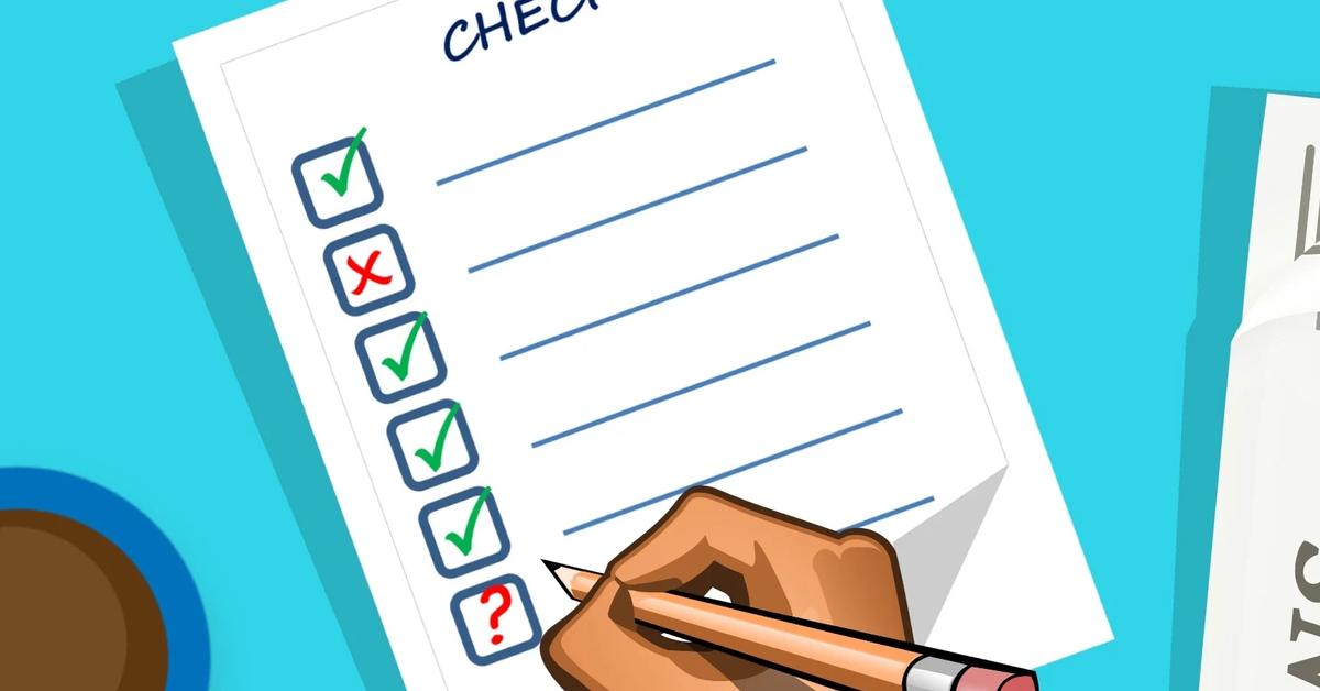 cartoon drawing of a checklist with checkboxes filled with green ticks and red crosses