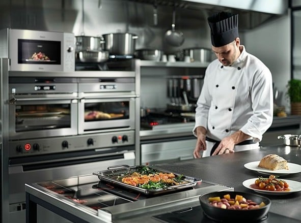 chef in a professional kitchen with equipment and food
