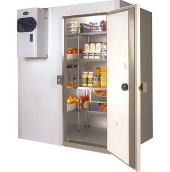 white cold room with door open showing food