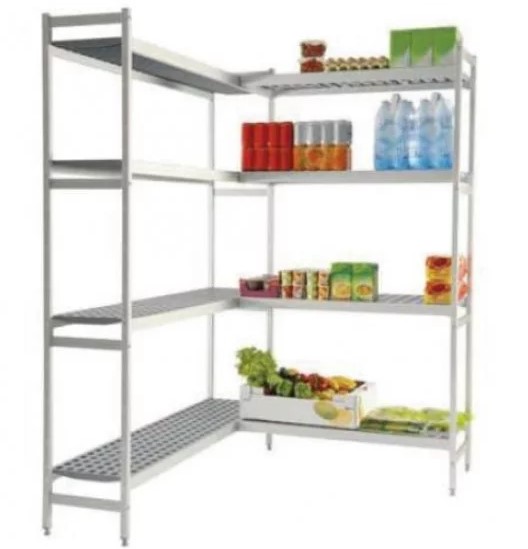 stainless steel shelves with assorted food and drink stacked
