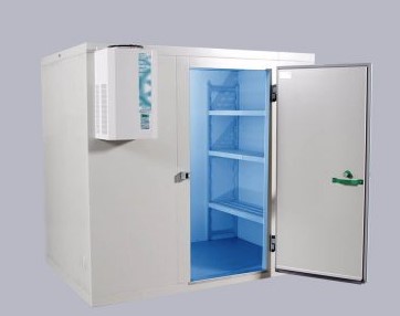 white cold room with wall mounted monoblock and open door showing empty shelves and blue light