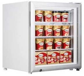 glass door countertop freezer with ice cream tubs
