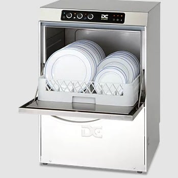 DC undercounter dishwasher with open door showing rack of clean plates