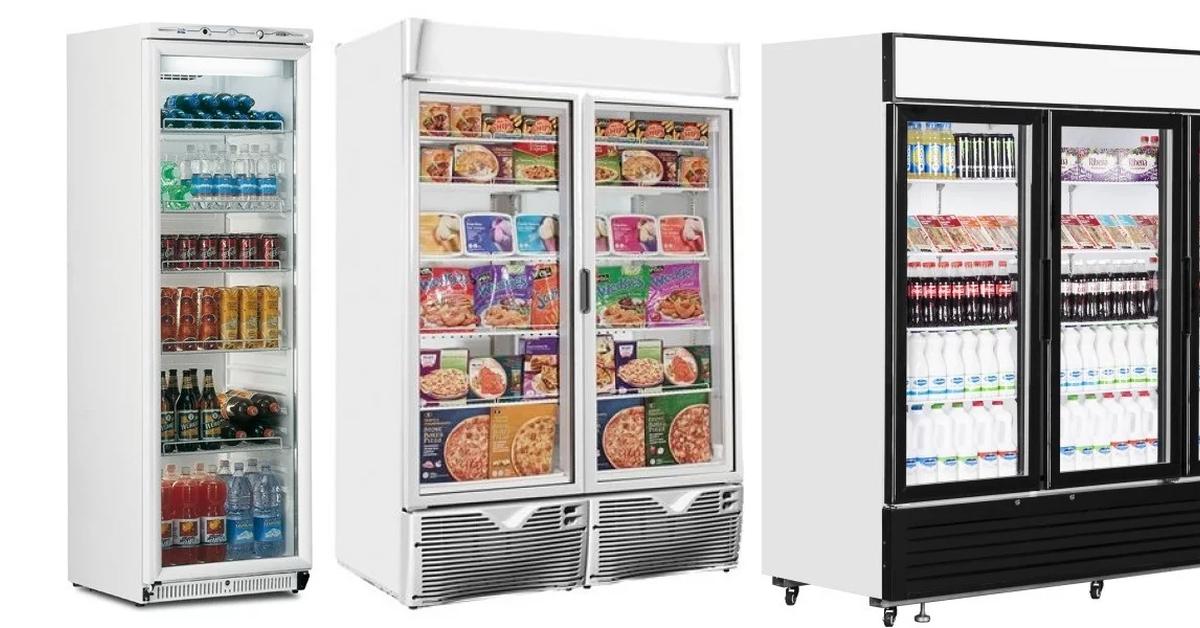 single door, double door and triple door glass door display fridges stocked with food
