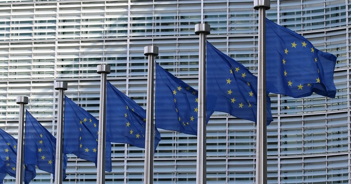 eu flags on poles outside a building