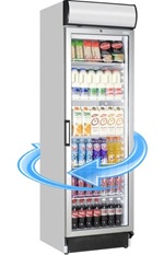 glass door fridge stocked with arrows around exterior to show airflow