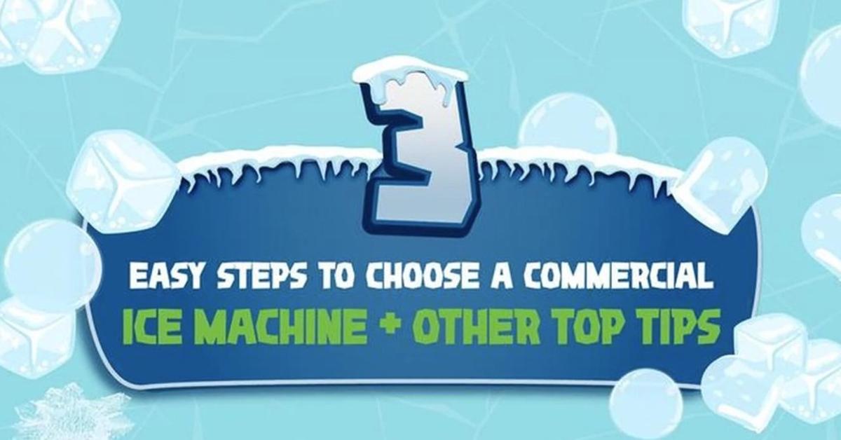 3 easy steps to hoose a commercial ice machine and other top tips text on a blue background with ice cubes surrounding it