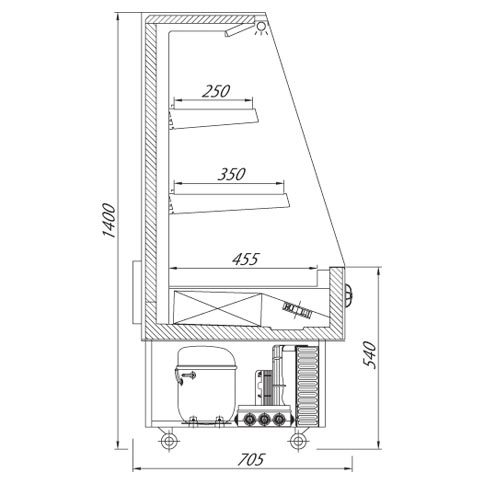 side view of drawing of multideck fridge showing refrigeration motor in the base