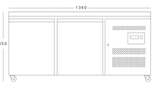 front view diagram of motor positioned at the side of prep counter cabinet