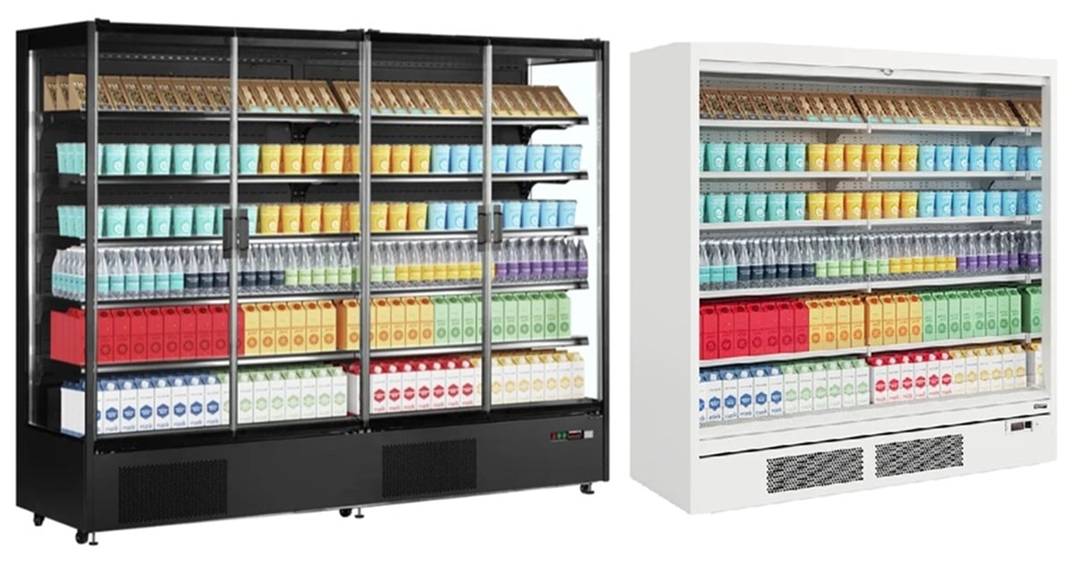 two multideck display fridges stocked  with bottles and cartons