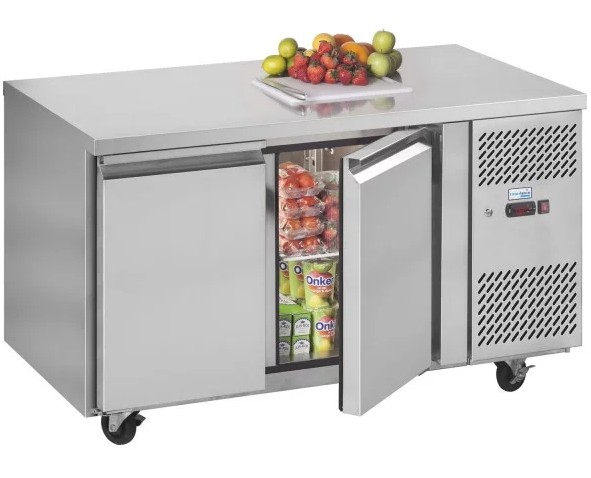 prep counter with food on top and door open showing food inside