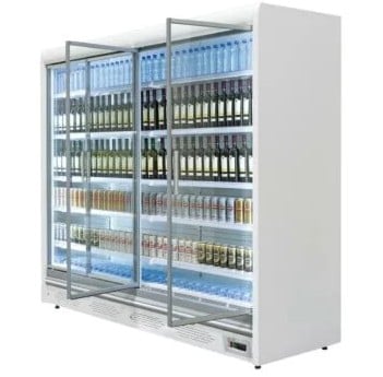 multideck display fridge with glass doors stocked with bottles