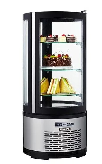 circular glass cake display with cakes