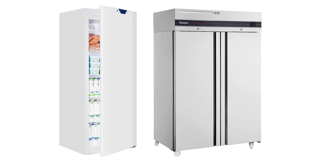 white single door storage fridge next to stainless steel double door fridge