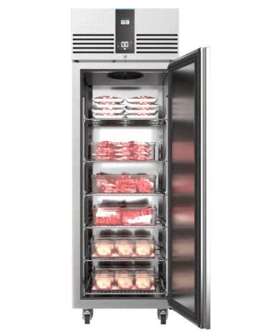 upright fridge with door open showing fresh meat