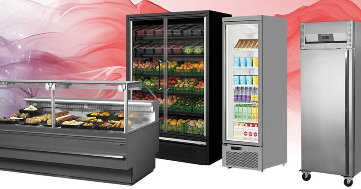 serveover counter, multideck, display fridge and catering fridge lined up over a background with red swirl pattern