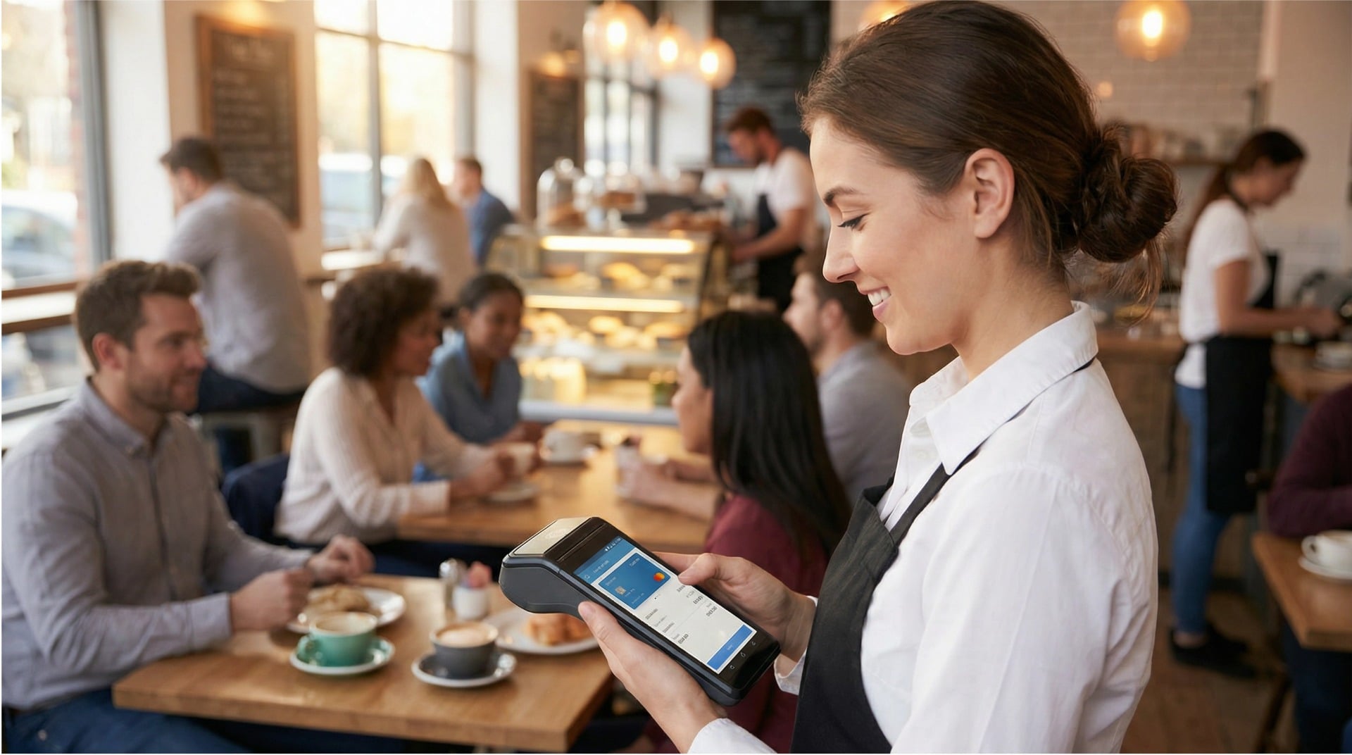 waitress holding mobile epos system in a busy cafe