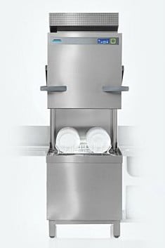 Winterhalter pass through dishwasher with hood open and rack of plates