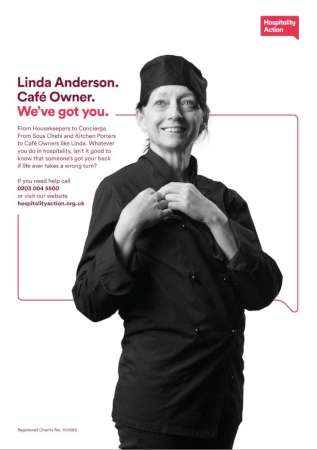 image of cafe owner and text about who hospitality action helps