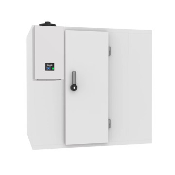 white cold room with door and refrigeration block mounted on exterior wall