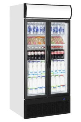 double door display fridge with stock inside