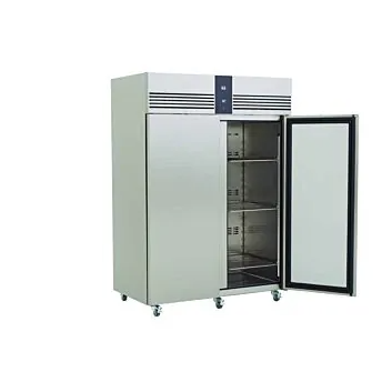 stainless steel double door catering freezer on castors with open door showing internal shelves