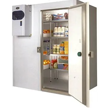 room with refrigeration motor block on wall and door open showing shelves of chilled food & drink