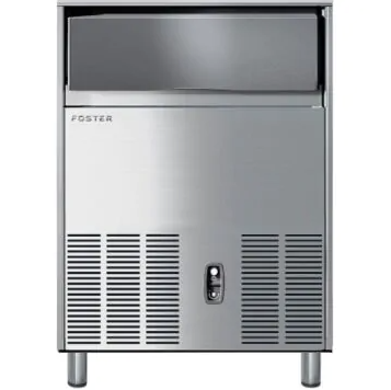 stainless steel ice machine on short legs with access hatch at top