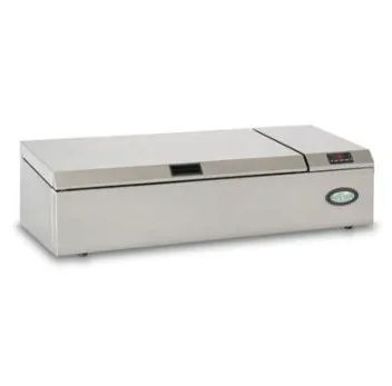 stainless steel countertop refrigerated unit with lid closed