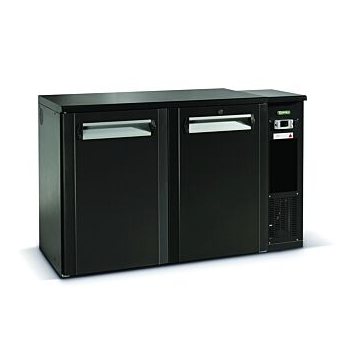 black double door keg cooler with integrated condensing unit on side